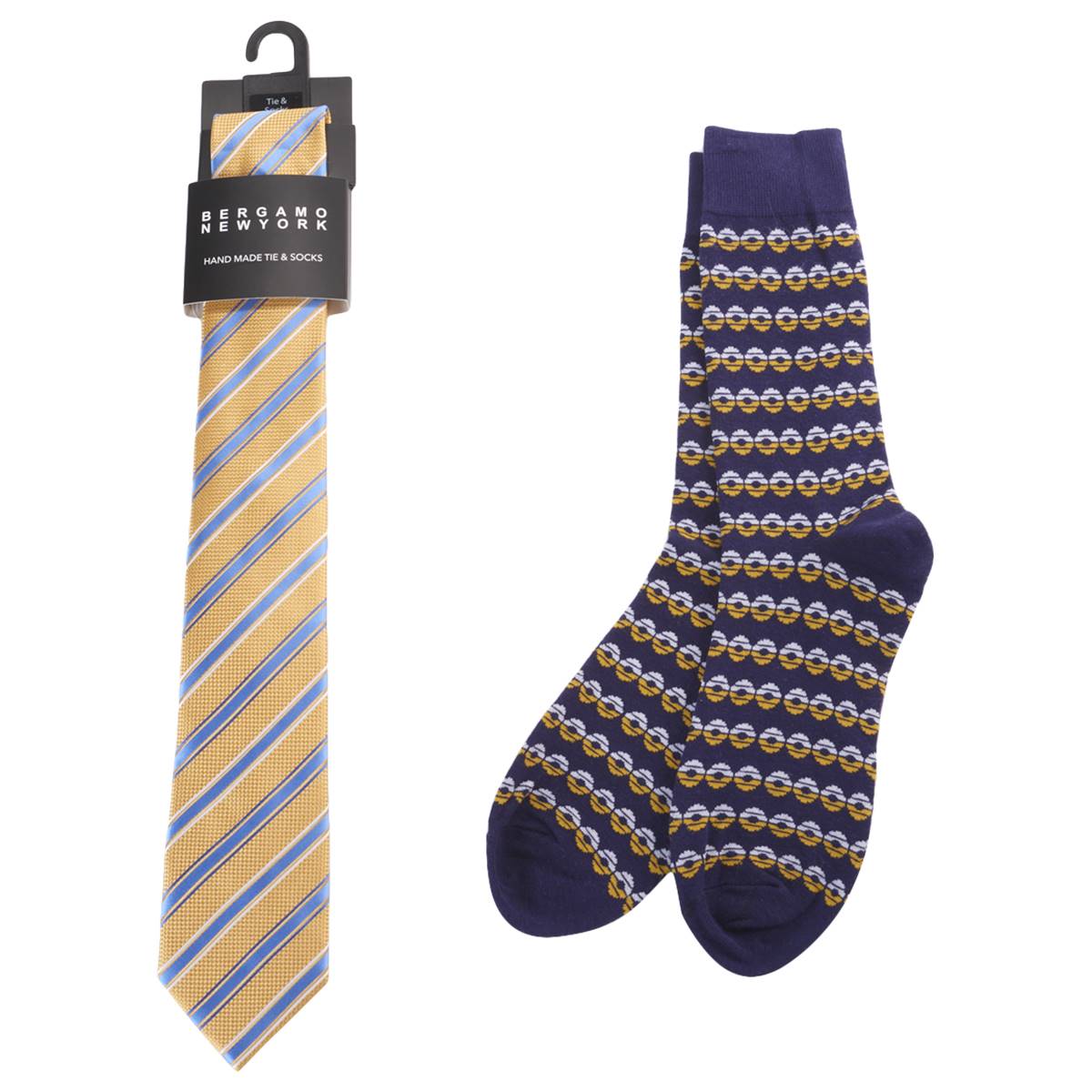 Mens Bergamo Tie/Sock Set - Navy/Yellow