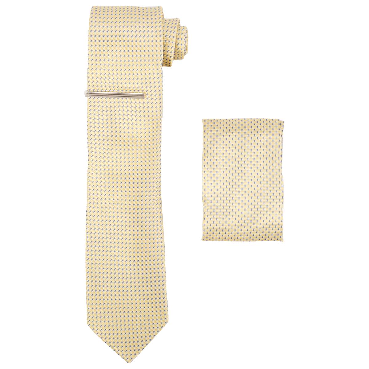 Mens Bill Blass Tie/Pocket Square/Tie Bar Set - Yellow/Blue