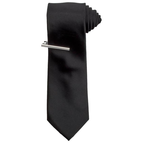 Mens Bill Blass Solid Tie & Tie Bar