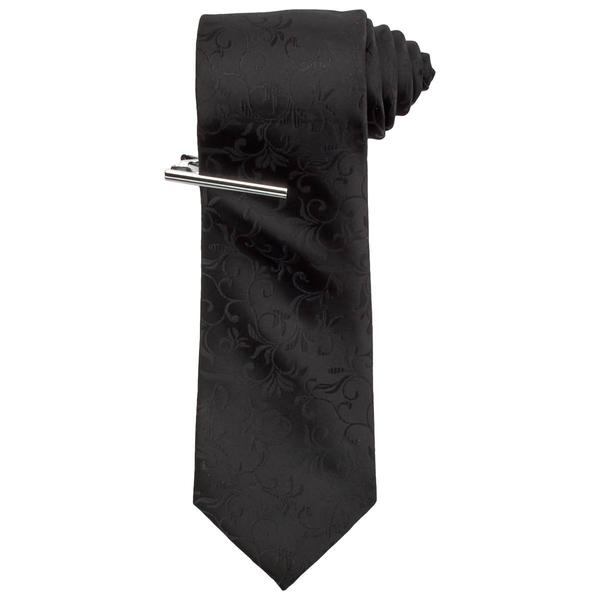 Mens Bill Blass Solid Floral Tie & Tie Bar