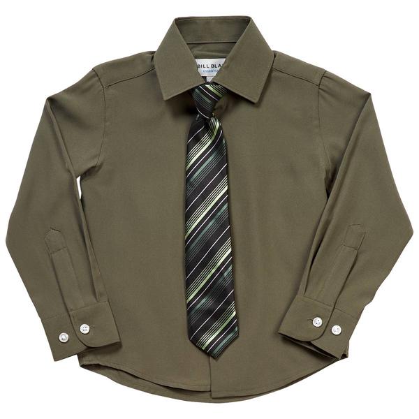 Boys (4-7) Bill Blass Long Sleeve Shirt & Tie - Dark Olive