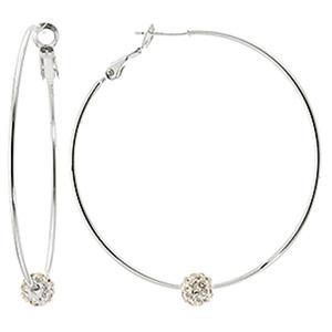 Fine Silver Plated 50mm Hoop Earrings with Crystal Ball