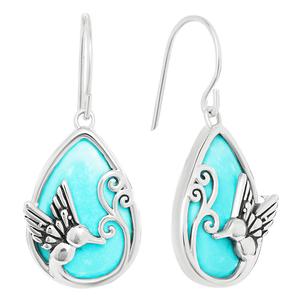 Athra Silver Plated & Turquoise Hummingbird Teardrop Earrings