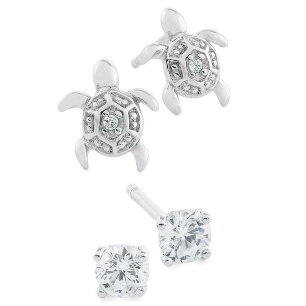 Athra Sterling Silver CZ Stud and Turtle Earring Set