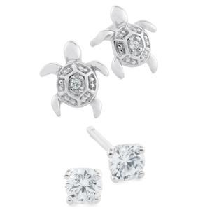 Athra Sterling Silver CZ Stud and Turtle Earring Set
