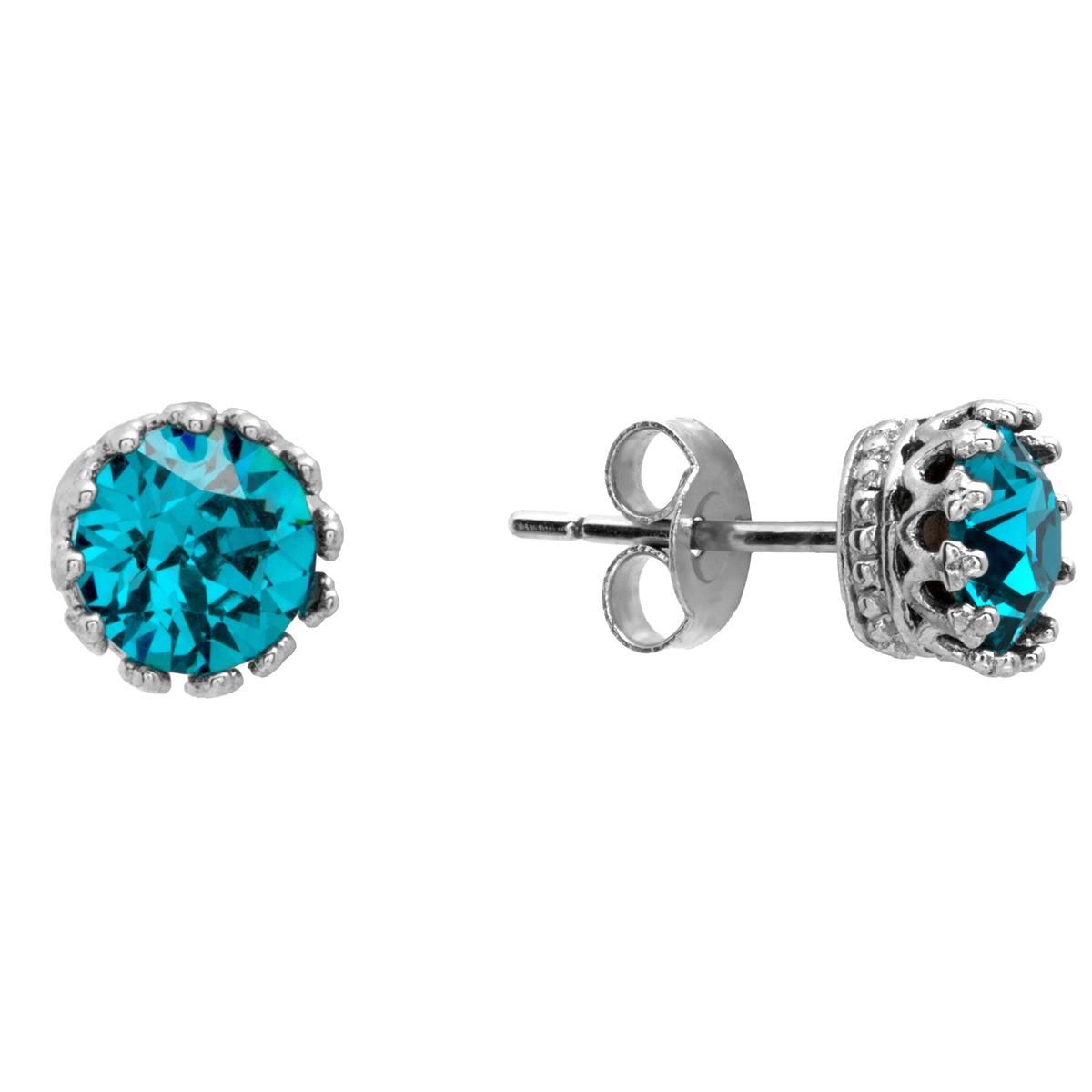 Athra Sterling Silver 6mm Crystal Aqua Crown Stud Earrings