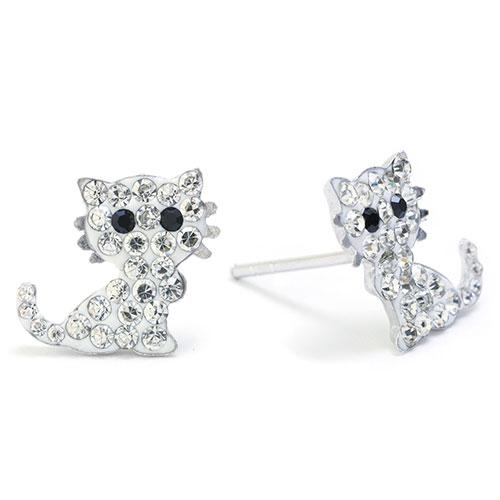 Athra Sterling Silver Crystal Cat Stud Earrings