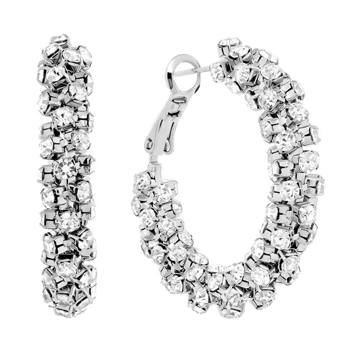 Fine Silver Plated 34mm Crystal Hoop Earrings