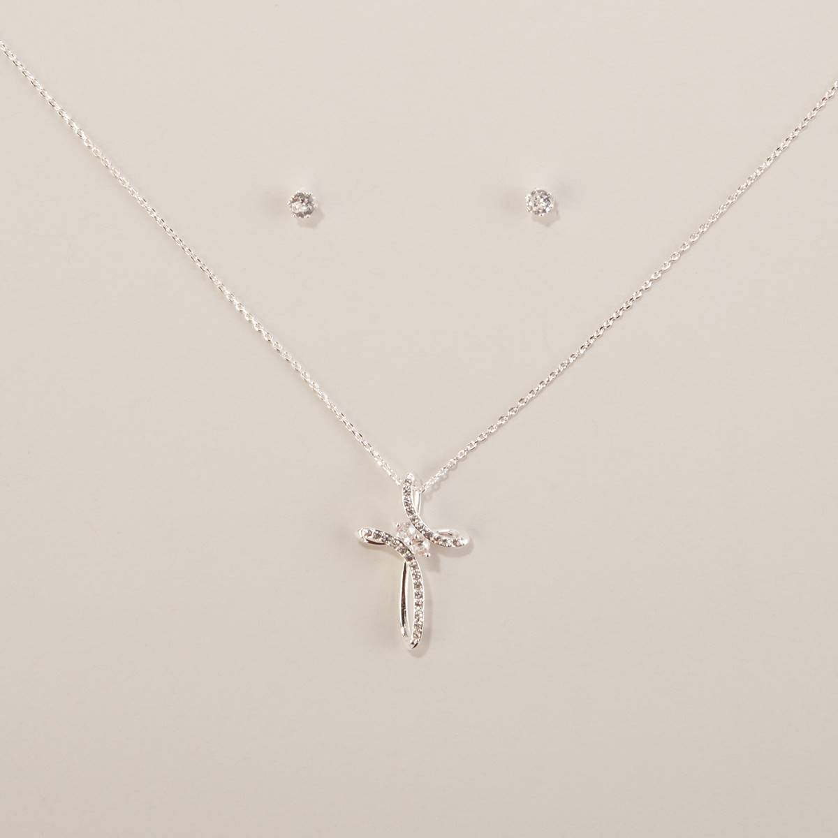 Design Collection Silver-Tone CZ Cross Pendant & Earrings Set