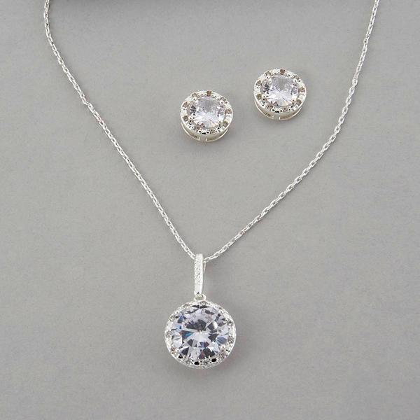 Design Collection Silver-Tone CZ Pendant & Stud Earrings Set