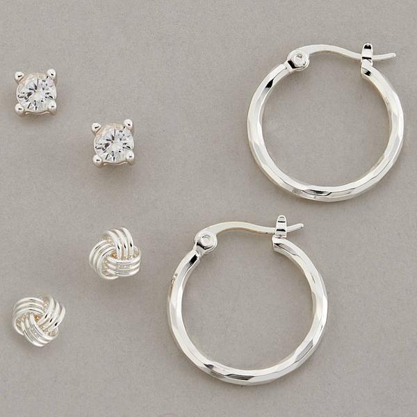 Design Collection Silver-Plated CZ Hoop & Knot Trio Earrings