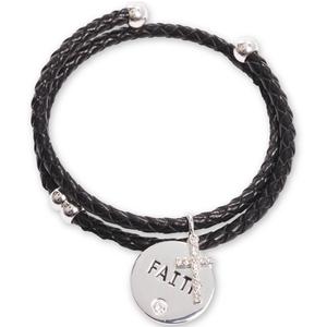 Beautiful Blessings Black Leather Coil Bracelet with Faith Charm
