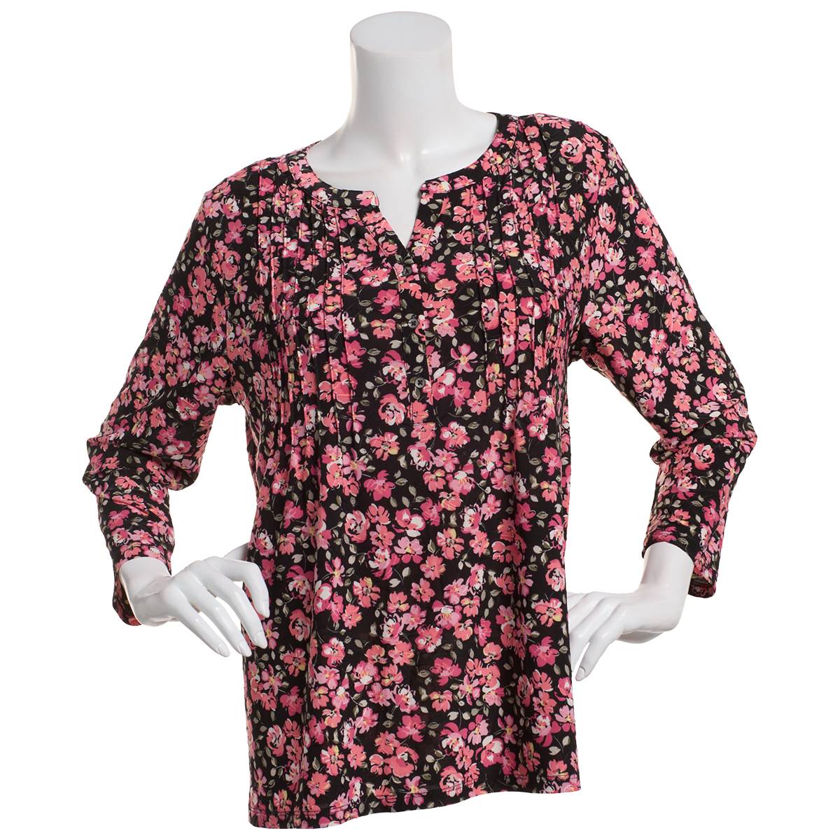 Plus Size Napa Valley 3/4 Sleeve Pintuck Floral Henley Blouse