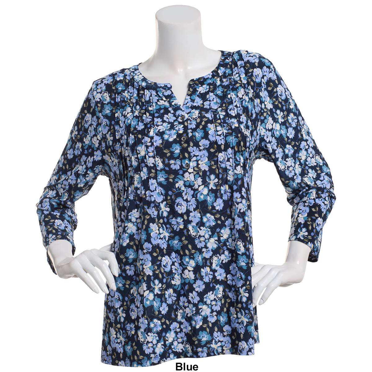 Plus Size Napa Valley 3/4 Sleeve Pintuck Floral Henley Blouse