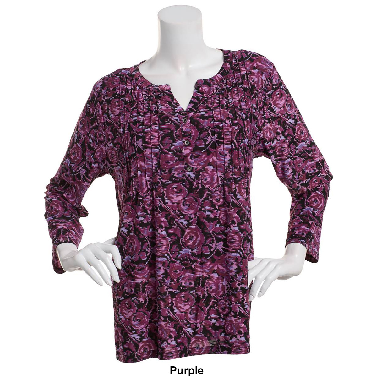 Plus Size Napa Valley 3/4 Sleeve Pintuck Jacquard Henley Blouse