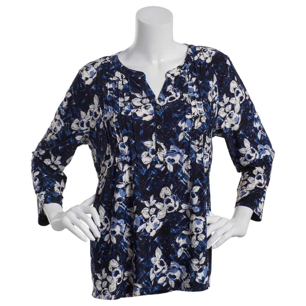 Petite Napa Valley 3/4 Sleeve Floral Pleat Knit Henley Top