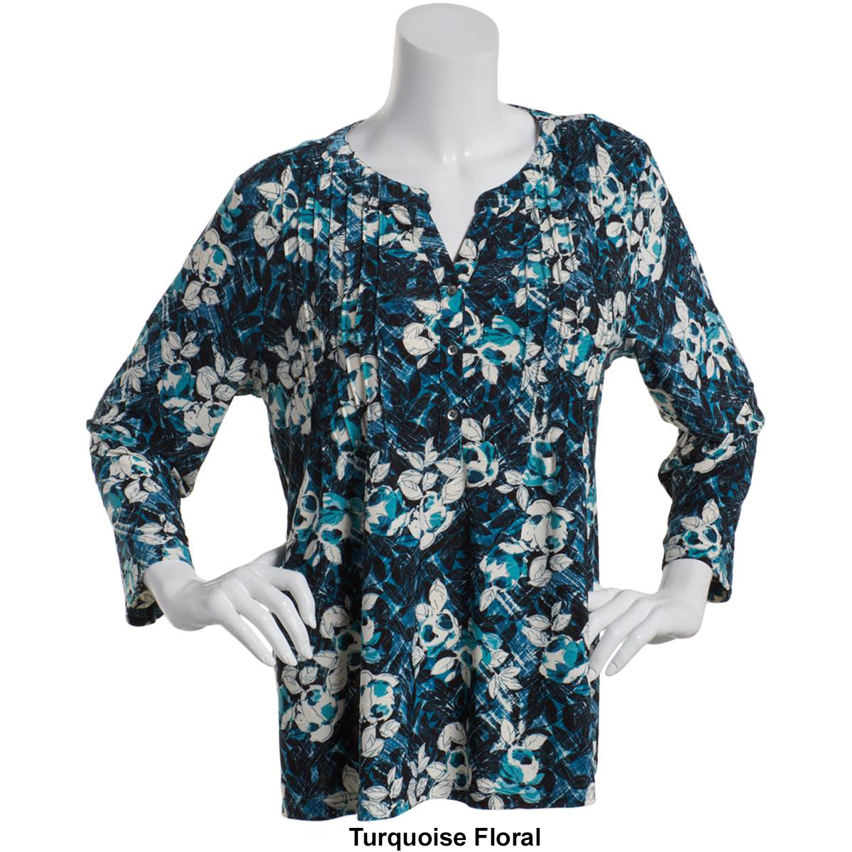 Petite Napa Valley 3/4 Sleeve Floral Pleat Knit Henley Top