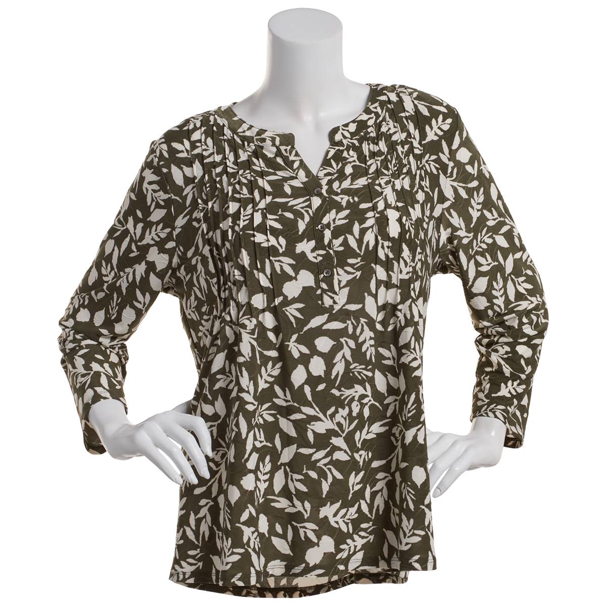 Plus Size Napa Valley 3/4 Sleeve Floral Pleat Knit Blouse-Tan