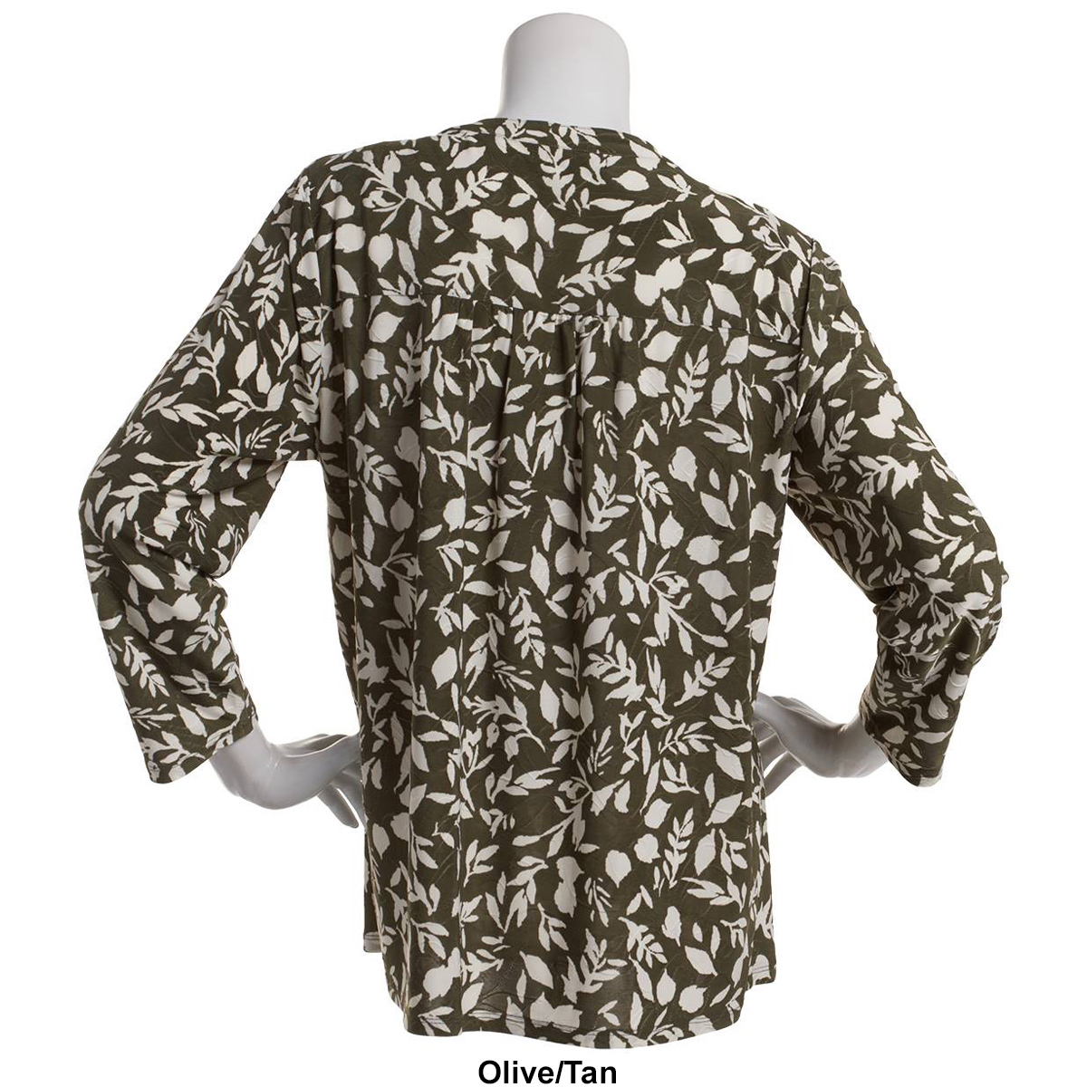 Plus Size Napa Valley 3/4 Sleeve Floral Pleat Knit Blouse-Tan