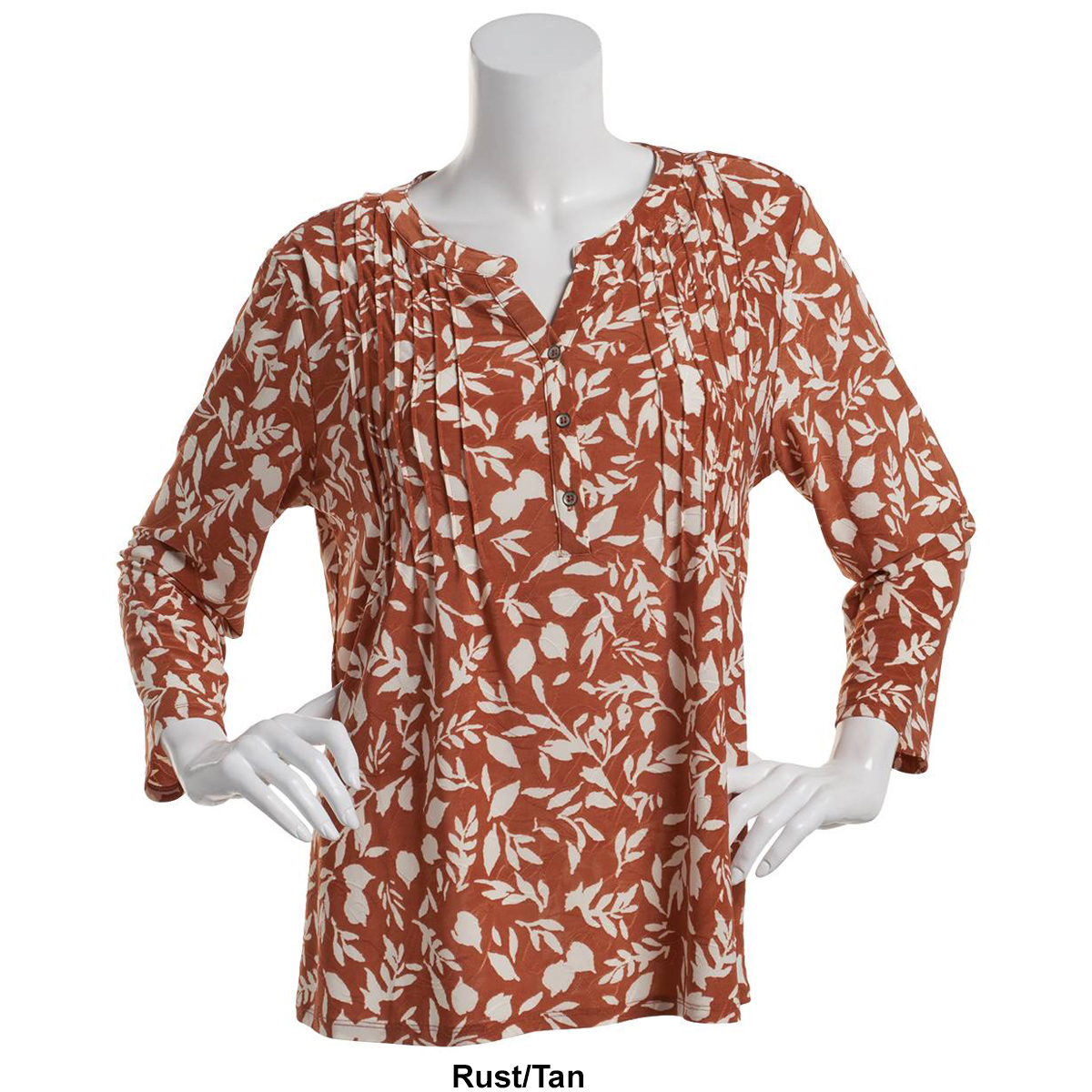 Plus Size Napa Valley 3/4 Sleeve Floral Pleat Knit Blouse-Tan