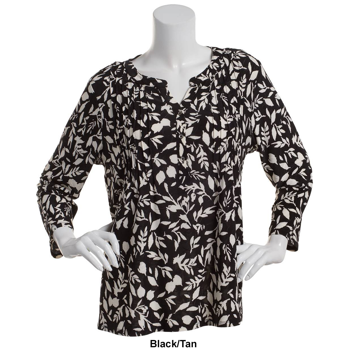 Plus Size Napa Valley 3/4 Sleeve Floral Pleat Knit Blouse-Tan