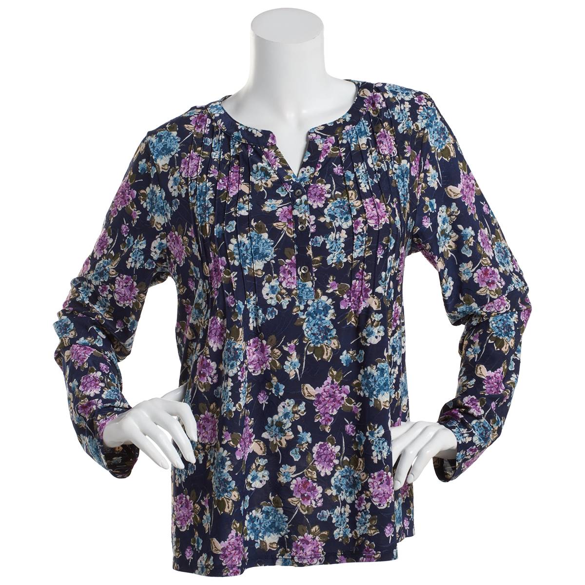 Plus Size Napa Valley 3/4 Sleeve Blue Floral Pleat Knit Blouse