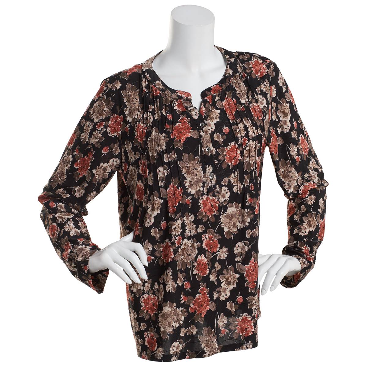 Petite Napa Valley 3/4 Sleeve Floral Pleat Knit Blouse-Brown/Rust