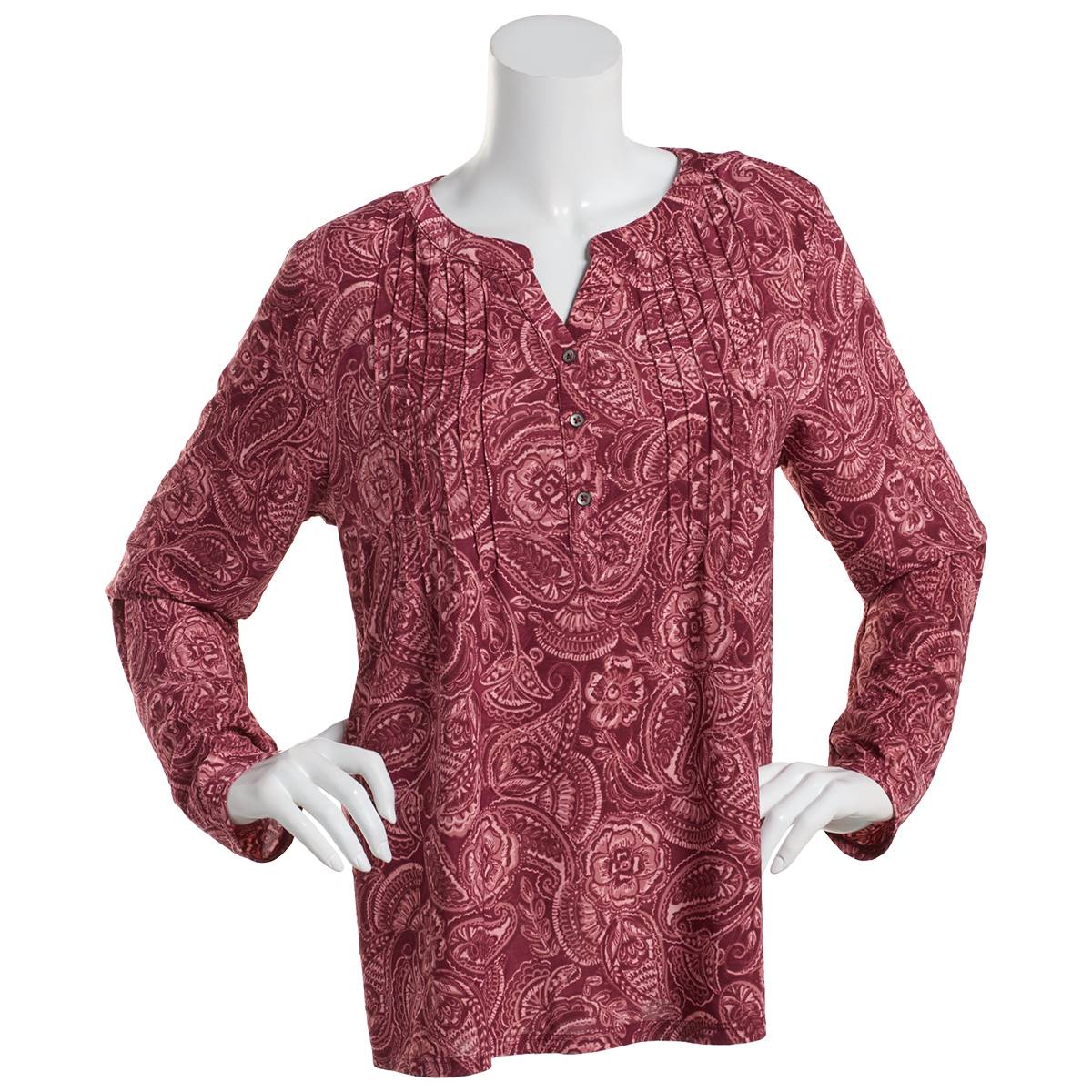 Petite Napa Valley 3/4 Sleeve Paisley Knit Pleat Blouse-Burgundy