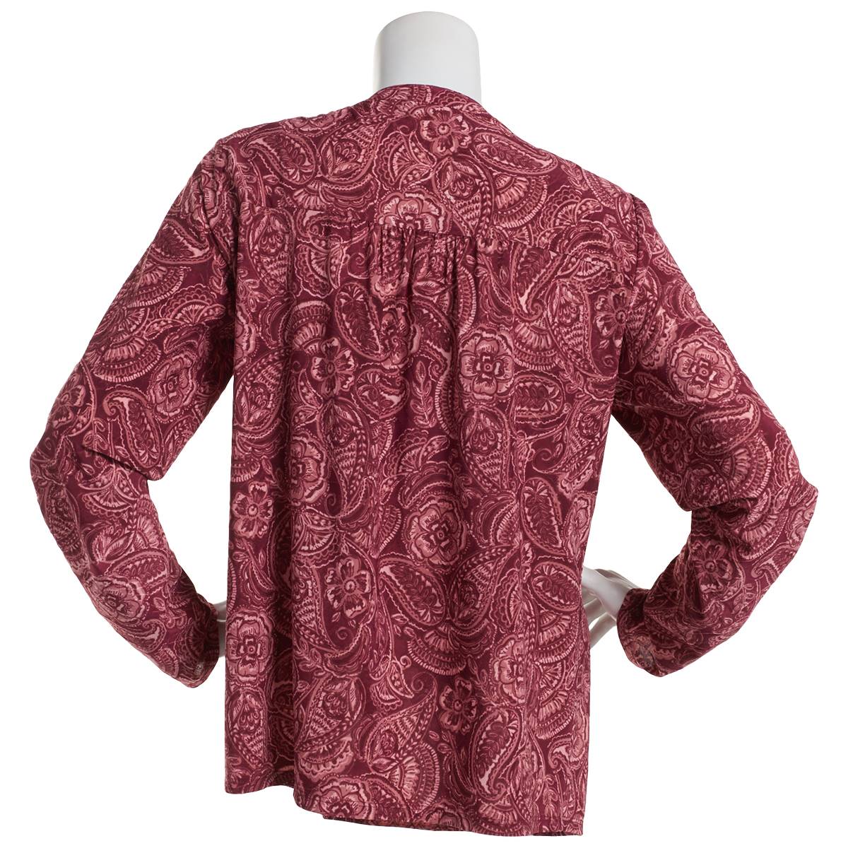 Petite Napa Valley 3/4 Sleeve Paisley Knit Pleat Blouse-Burgundy