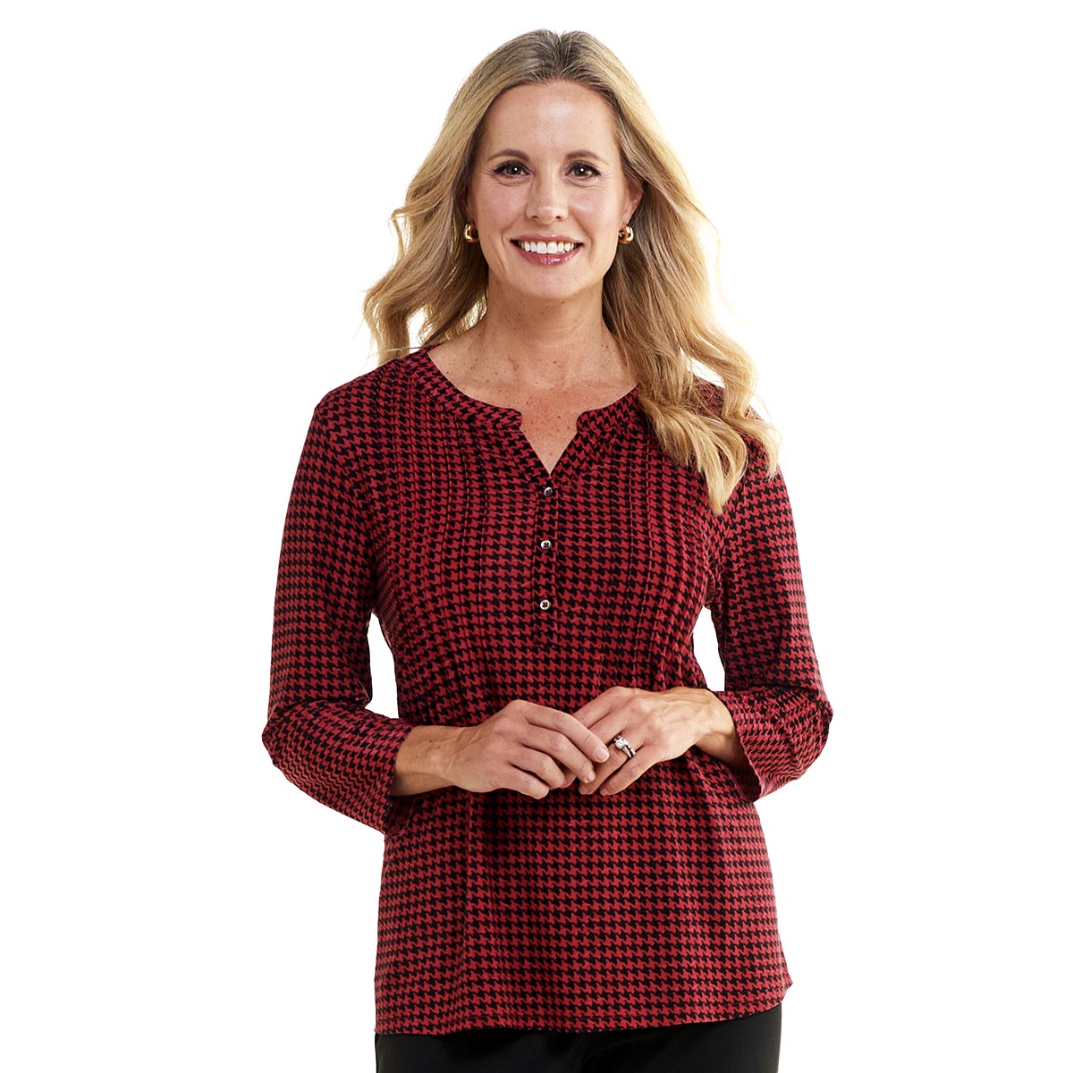 Petites Napa Valley 3/4 Sleeve Houndstooth Pintuck Henley Blouse