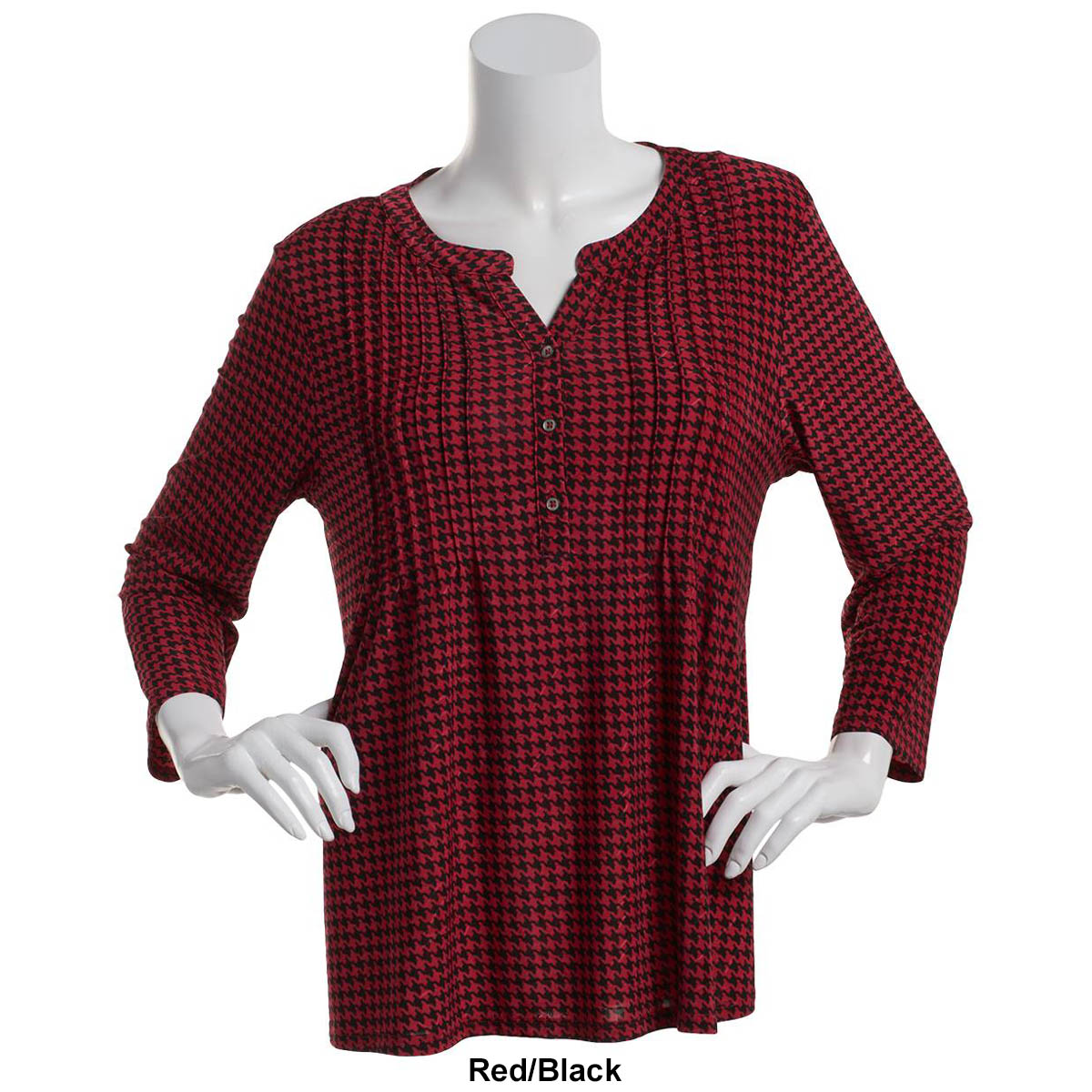 Petites Napa Valley 3/4 Sleeve Houndstooth Pintuck Henley Blouse