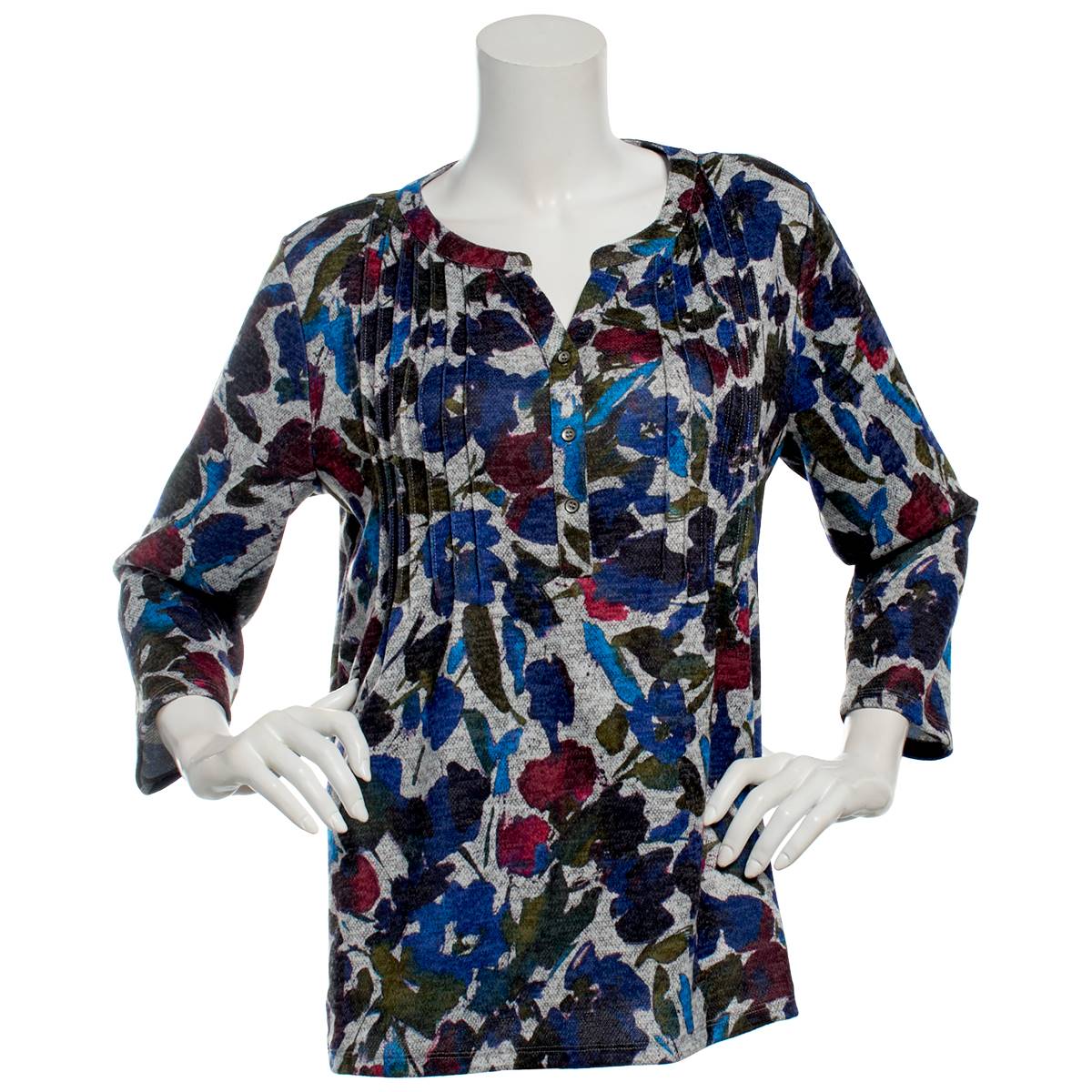 Womens Napa Valley 3/4 Sleeve Floral Pintuck Button Blouse