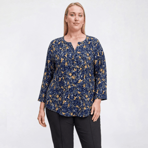 Plus Size Napa Valley 3/4 Sleeve Floral Pleat Button Front Blouse