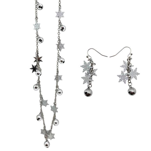 Silver-Tone Snowflake with Bells Necklace & Earrings Set