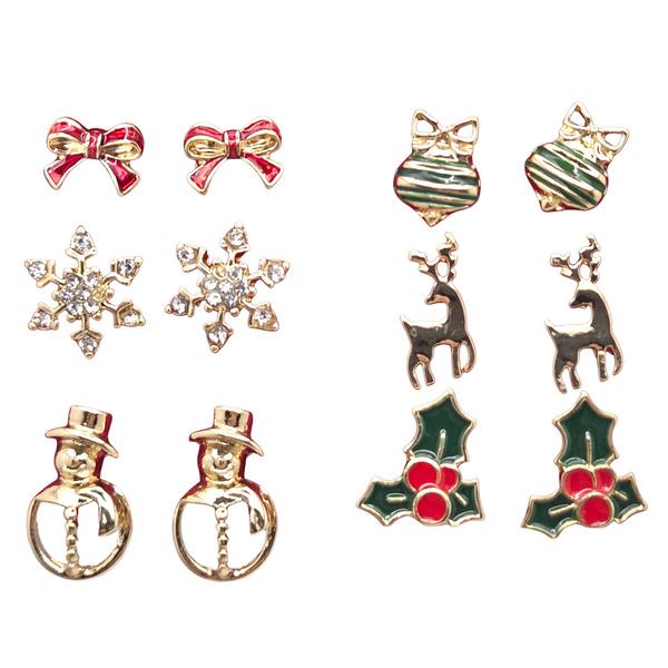 6pr. Red Bows/Holly with Berries/Reindeer Earrings Set