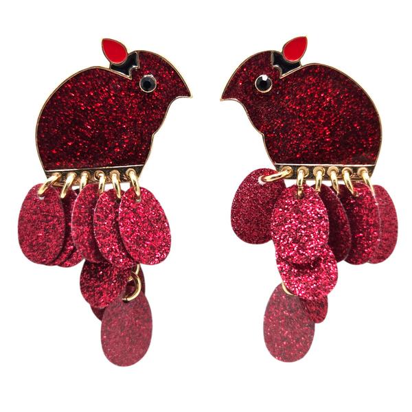 Gold-Tone Red Cardinal Glitter Disc Earrings