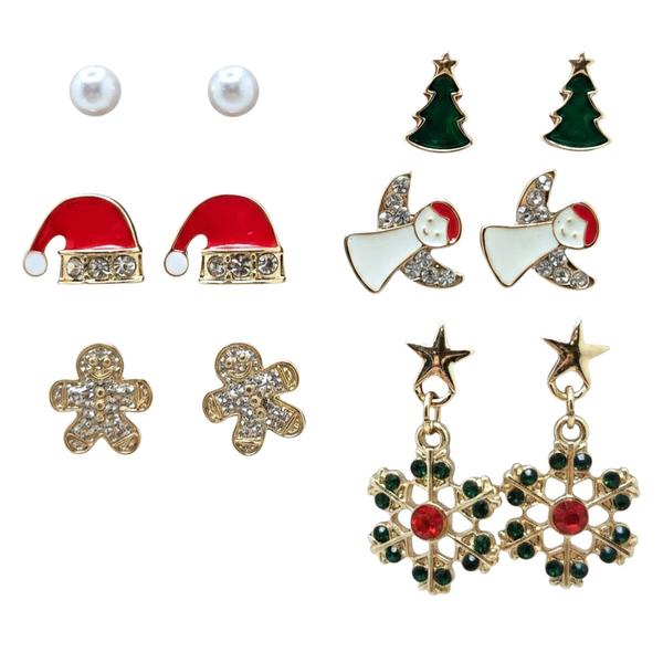 6pr. Santa Hat/Gingerbread/Angel Earrings Set