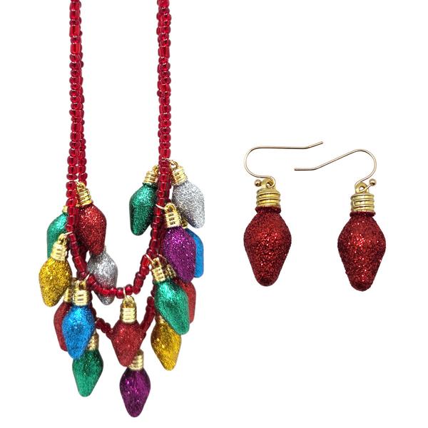 Glitter Bulb Charm Beaded Necklace & Earrings Set