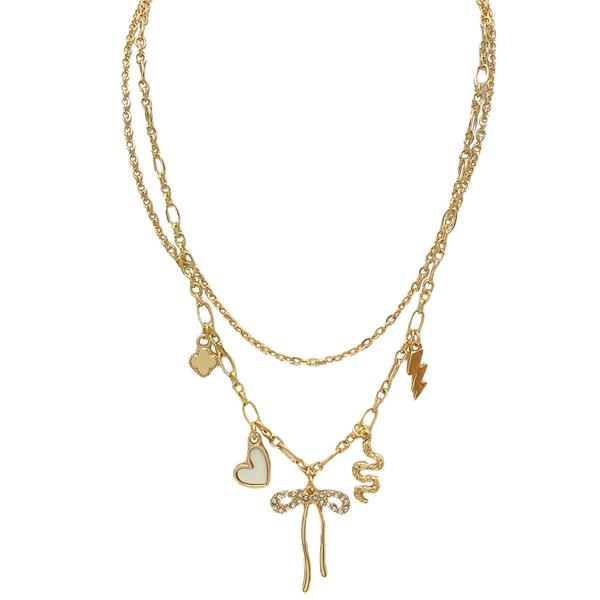 Ashley Gold 2-Row Heart Bow Charm Necklace