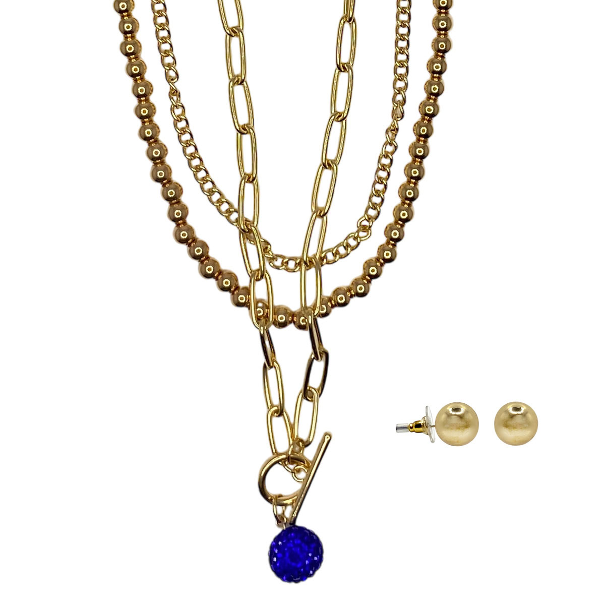 Ashley Cooper(tm) 3-Row Chain W/ Blue Stone Necklace & Earrings Set