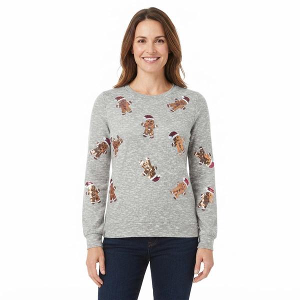 Womens Tru Self Long Sleeve Sequin Gingerbread Sweater alternate view
