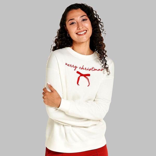 Womens Tru Self Long Sleeve Merry Christmas Bow Sweatshirt