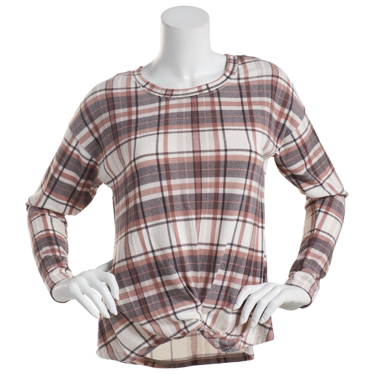 Womens Tru Self Long Sleeve Twist Front Plaid Blouse - White Cafe