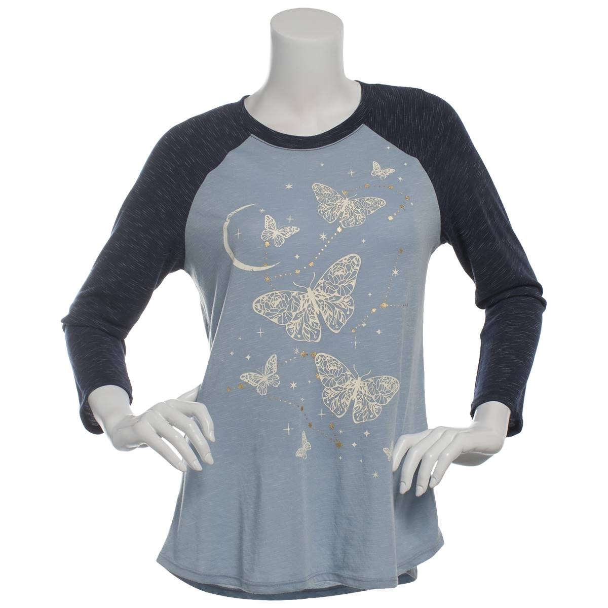 Womens Tru Self Long Sleeve Butterfly Raglan Graphic Tee