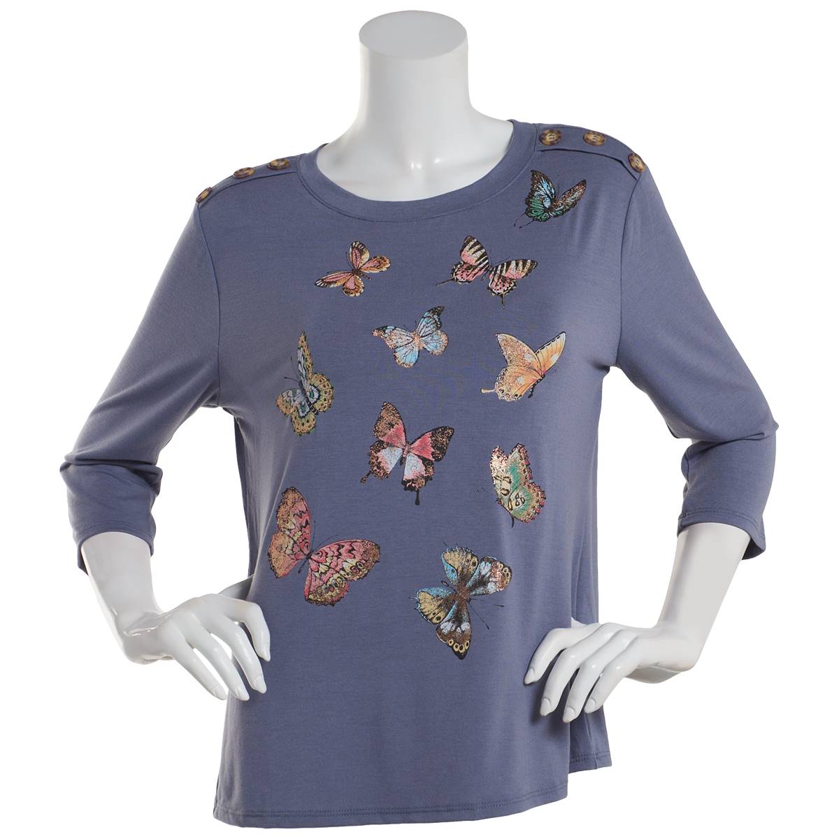 Womens Tru Self 3/4 Sleeve Button Shoulder Butterfly Graphic Tee