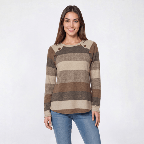 Womens Tru Self Long Sleeve Stripe Button Shoulder Sweater