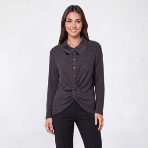 Womens Tru Self Long Sleeve Rib Knit Twist Hem Blouse - Charcoal