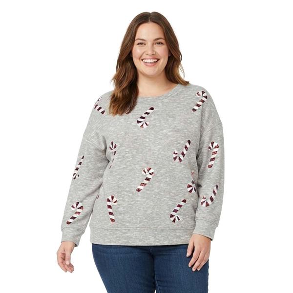 Plus Size Tru Self Long Sleeve Sequin Candy Cane Sweater