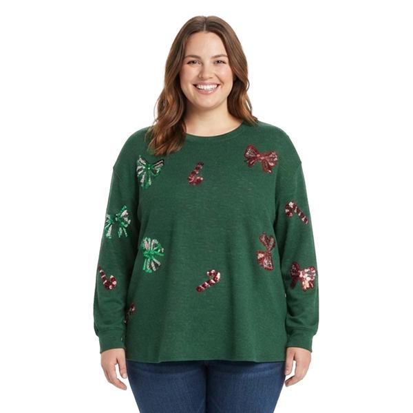 Plus Size Tru Self Long Sleeve Candy Cane Bow Sequin Sweater alternate view