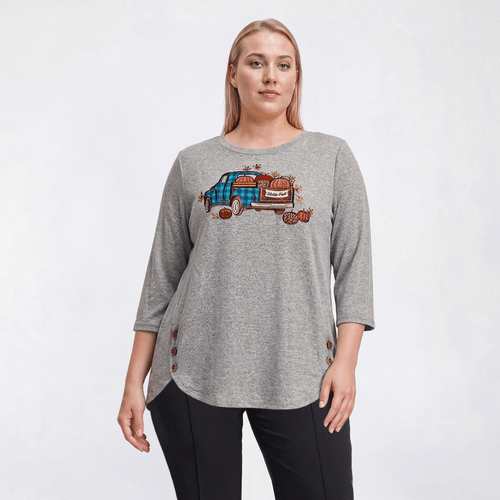 Plus Size Tru Self 3/4 Sleeve Embroidered Pumpkin Truck Tee